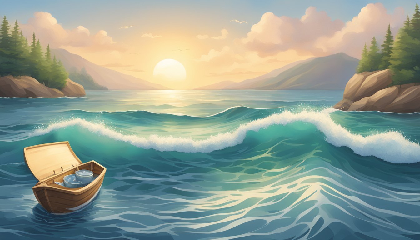 A serene ocean view with a small boat releasing a biodegradable urn into the water, surrounded by calm waves and a peaceful atmosphere