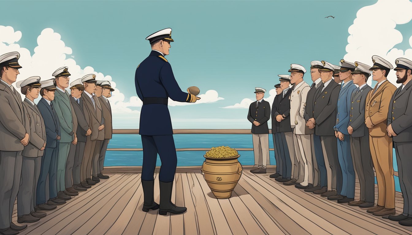 A maritime captain stands on the deck of a ship, overlooking the calm sea. A group of people gathers around a biodegradable urn, ready for a water burial ceremony. The captain holds a ceremonial object in hand