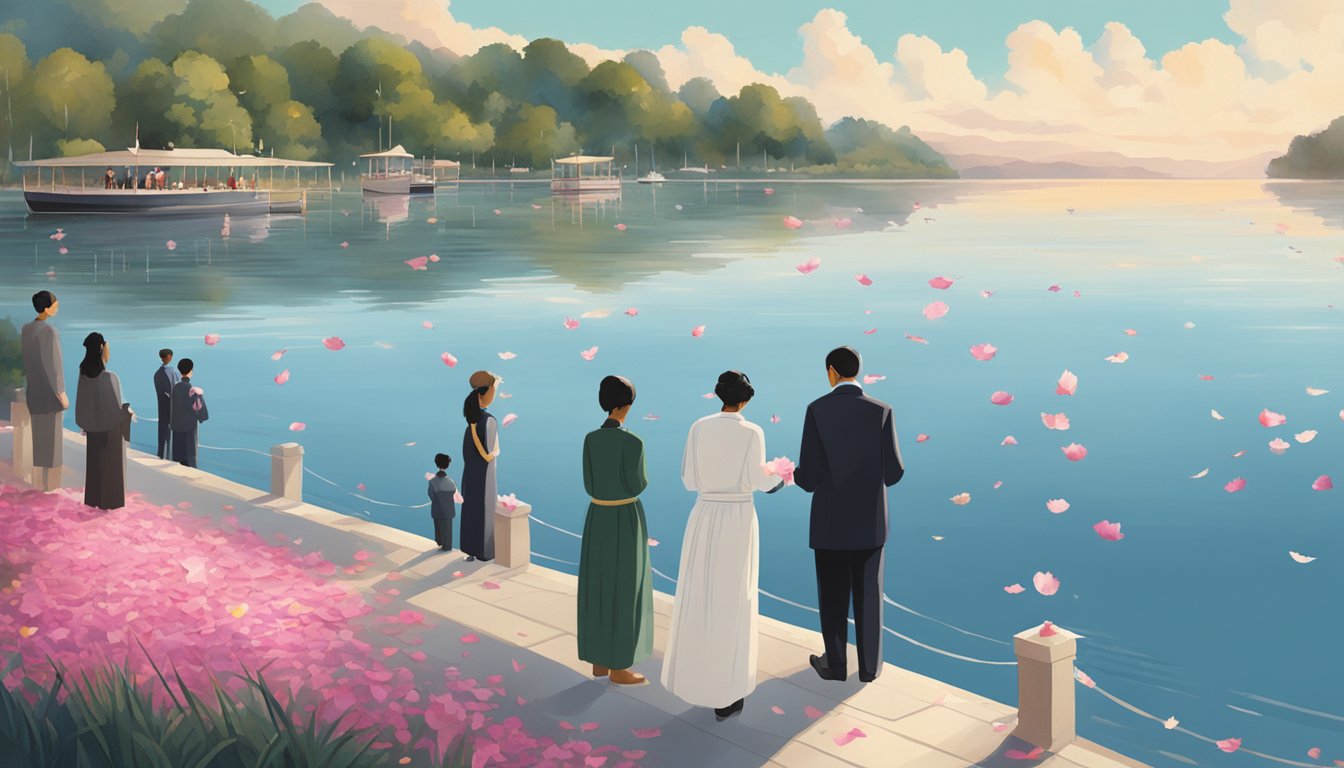 A serene waterfront setting with mourners dressed in respectful attire, scattering flower petals onto the water's surface