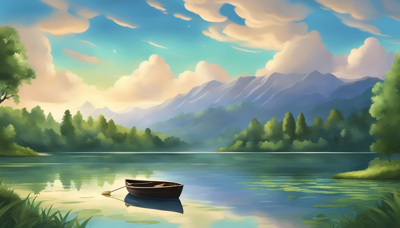 A serene lake reflecting the sky, surrounded by lush greenery, with a lone boat gently floating on the water, symbolizing the peacefulness and healing associated with water burials