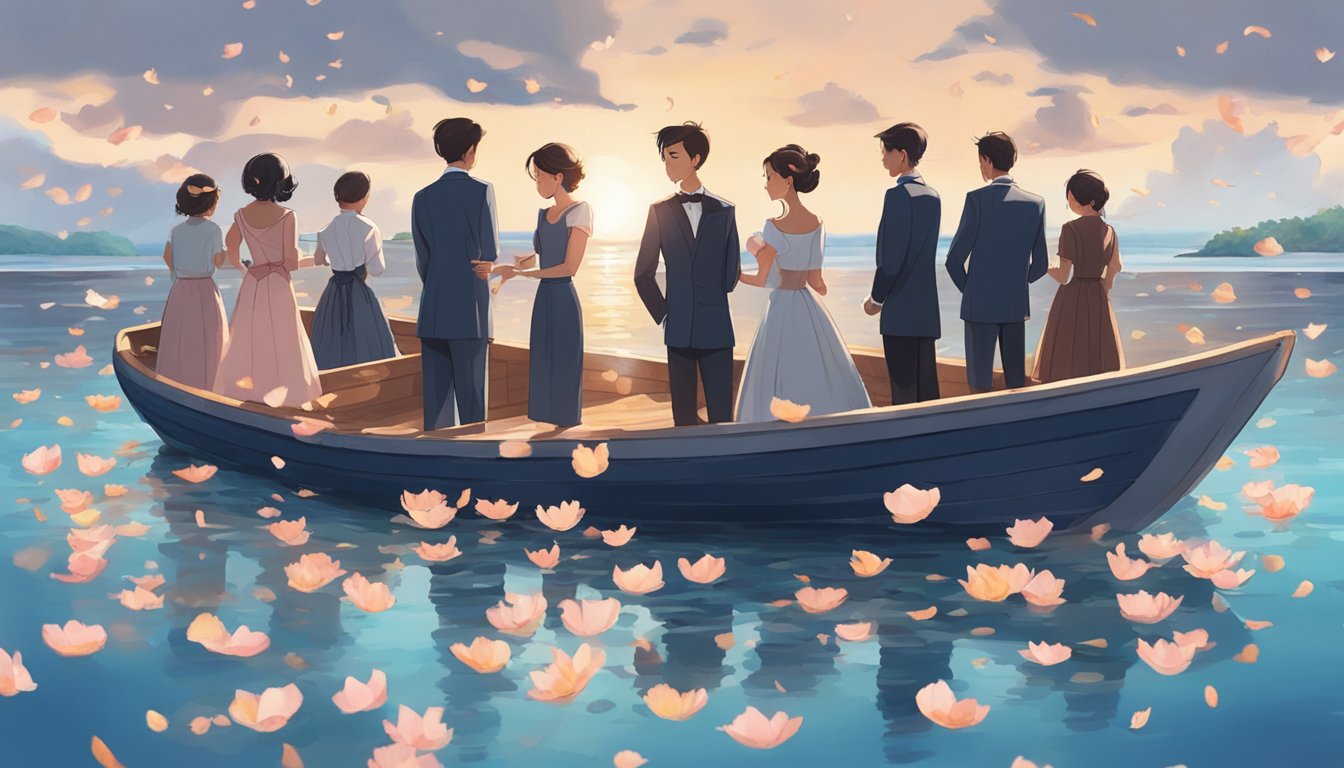 A serene ocean setting with a group of people dressed in formal attire, standing on a boat, solemnly scattering flower petals into the water