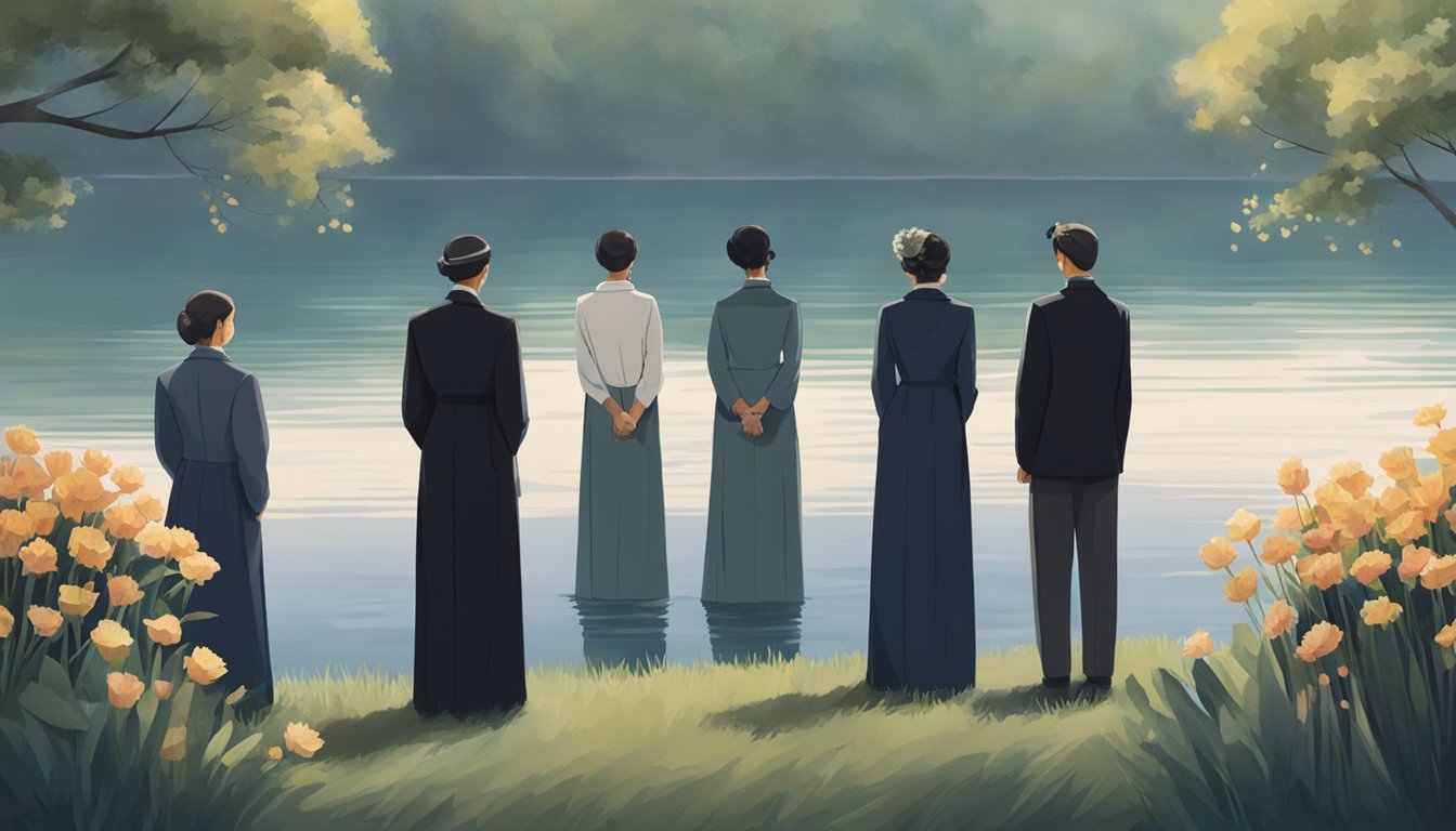 A group of individuals dressed in somber attire stand solemnly at the edge of a tranquil body of water, offering flowers and support for a water burial ceremony