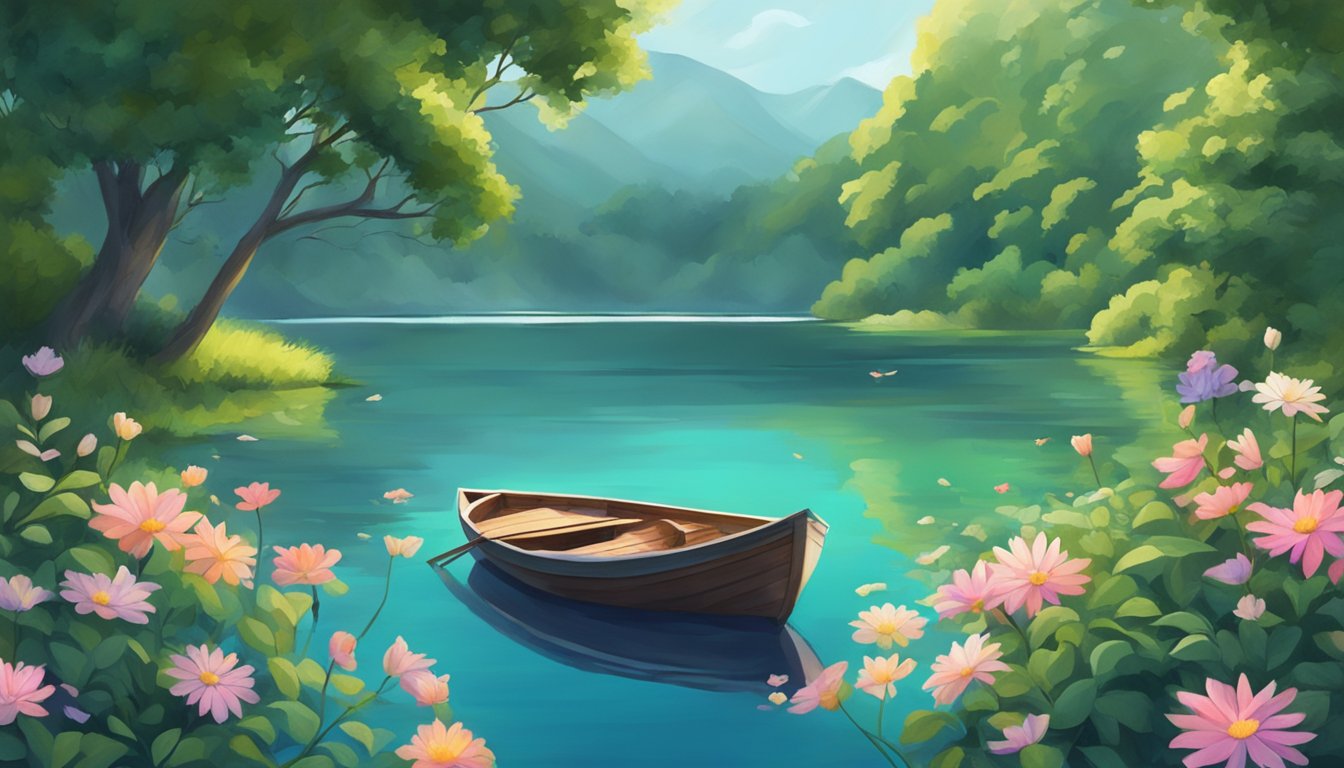 A serene lake surrounded by lush greenery, with a small boat adorned with flowers floating peacefully on the water