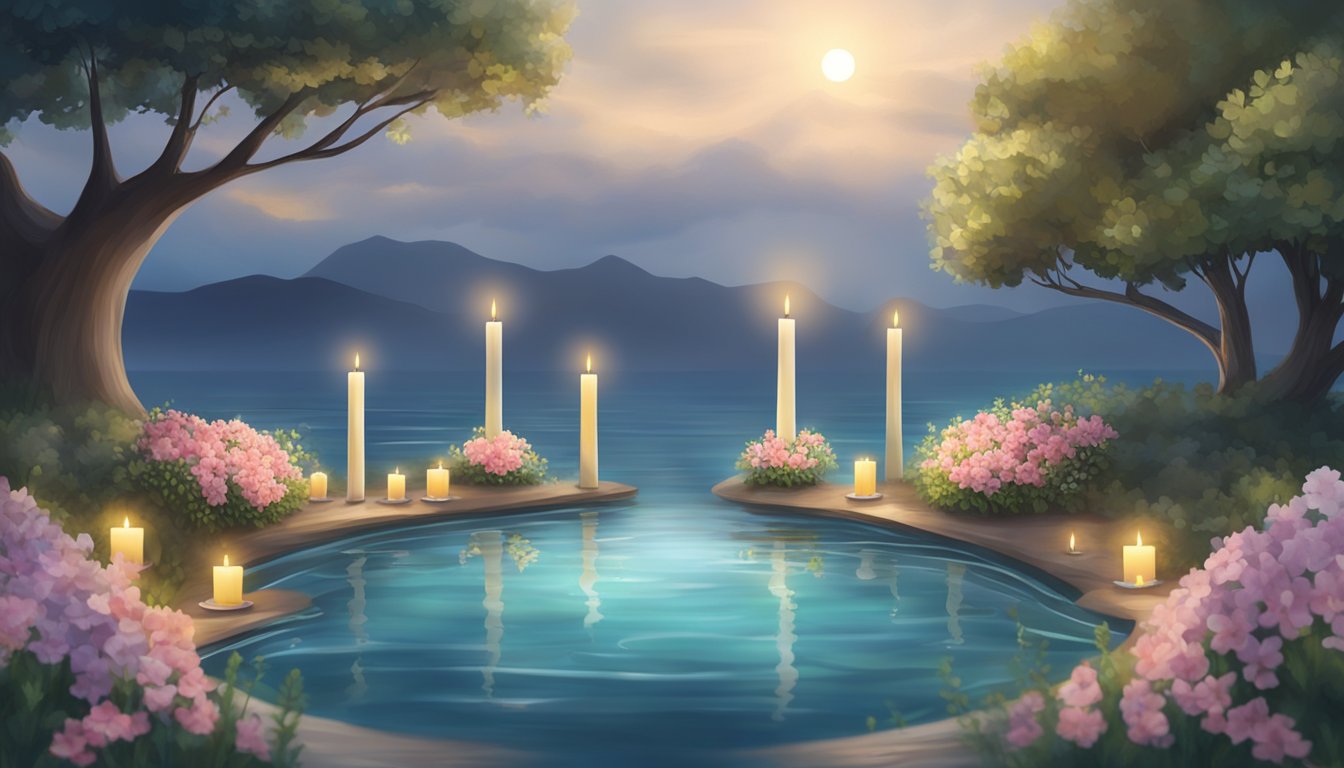 A serene ocean setting with floating flowers and candles, depicting a respectful and peaceful atmosphere for a water burial ceremony