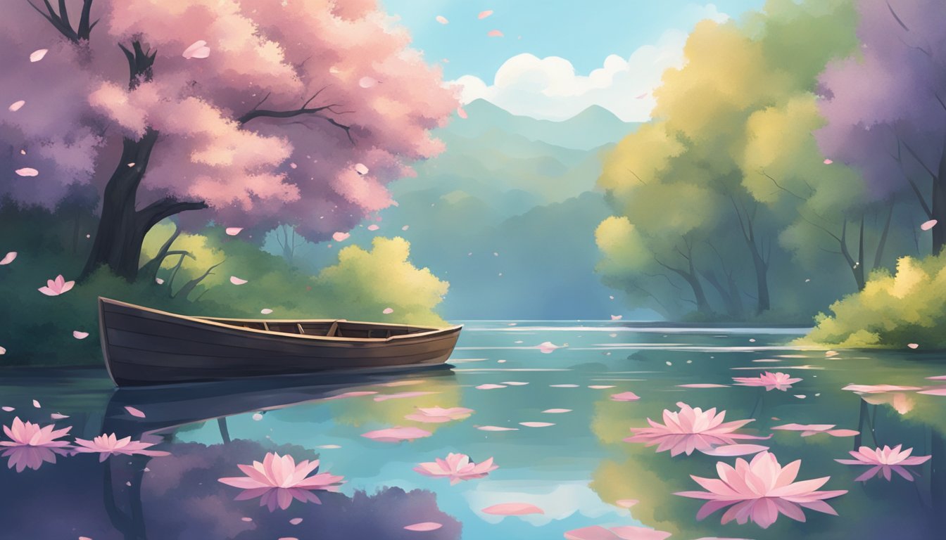 A serene lake surrounded by trees, with a small boat floating on the water and a scattering of flower petals drifting on the surface