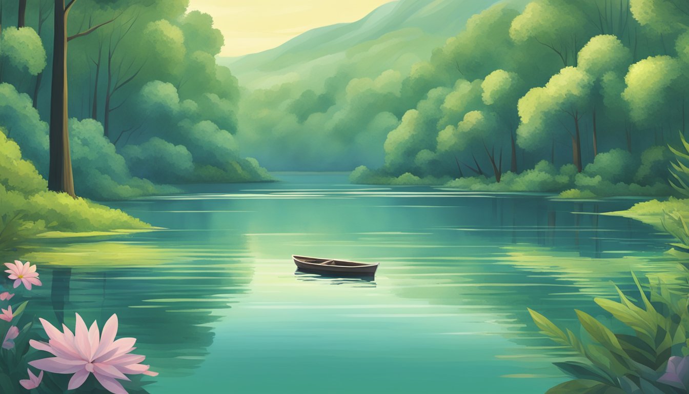 A serene lake surrounded by lush greenery, with a small boat floating in the center, symbolizing the peaceful choice of water burials for grief processing