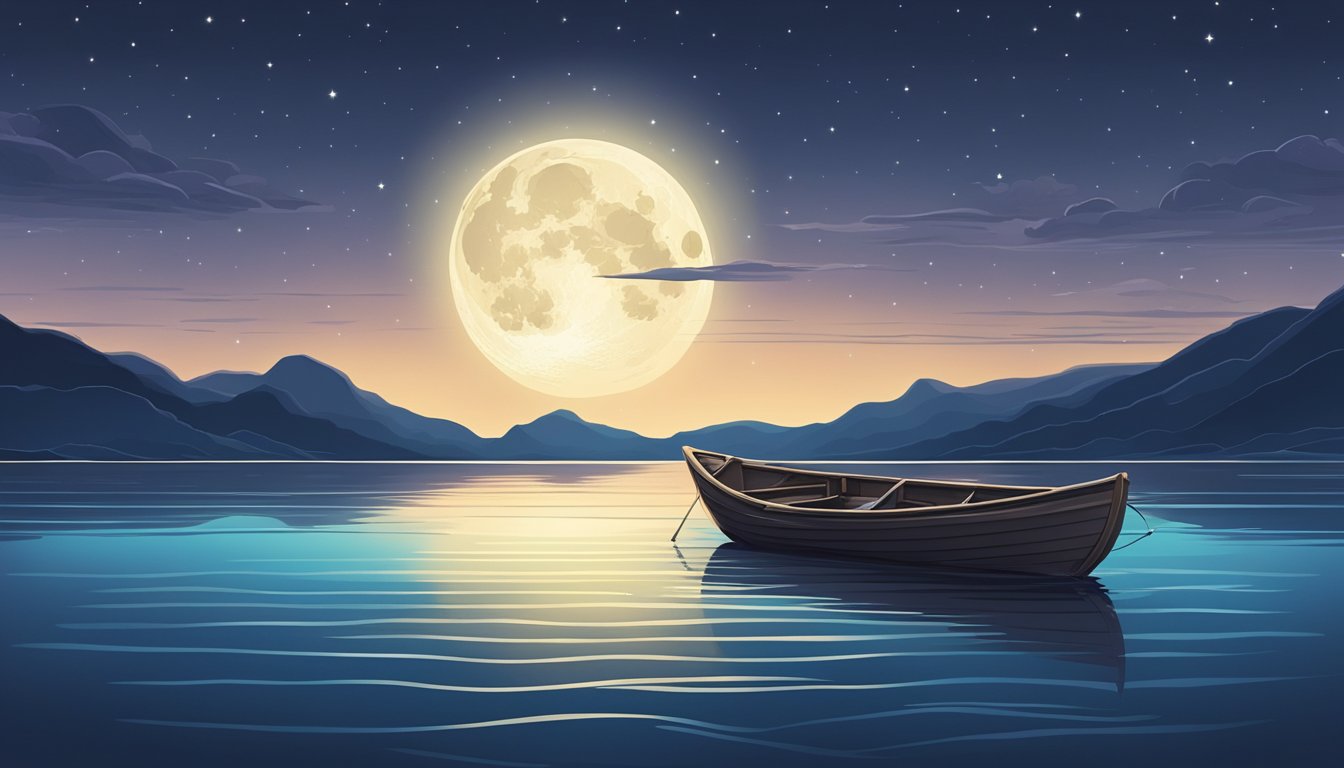 A moonlit ocean with a small boat surrounded by calm water and a clear night sky, with a sense of solemnity and respect