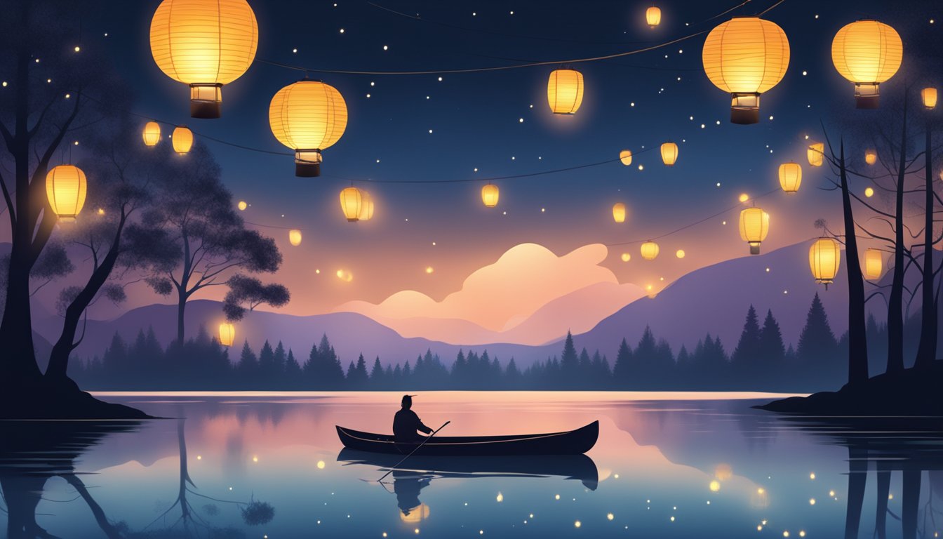 A tranquil lake at night, surrounded by trees and illuminated by the soft glow of lanterns floating on the water