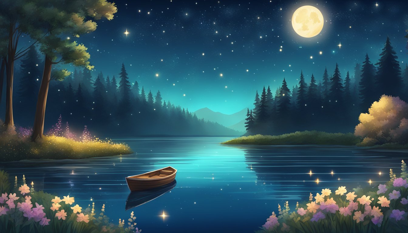 A serene lake at night, surrounded by tall trees and twinkling stars. A small boat adorned with flowers floats on the calm water, ready for a peaceful water burial