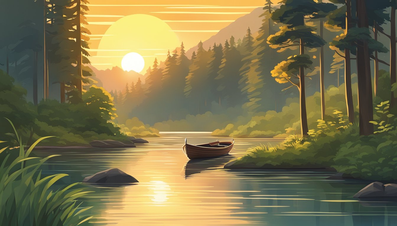 A serene river flowing through a lush forest, with a small boat floating on the water. The sun is setting, casting a warm glow on the scene