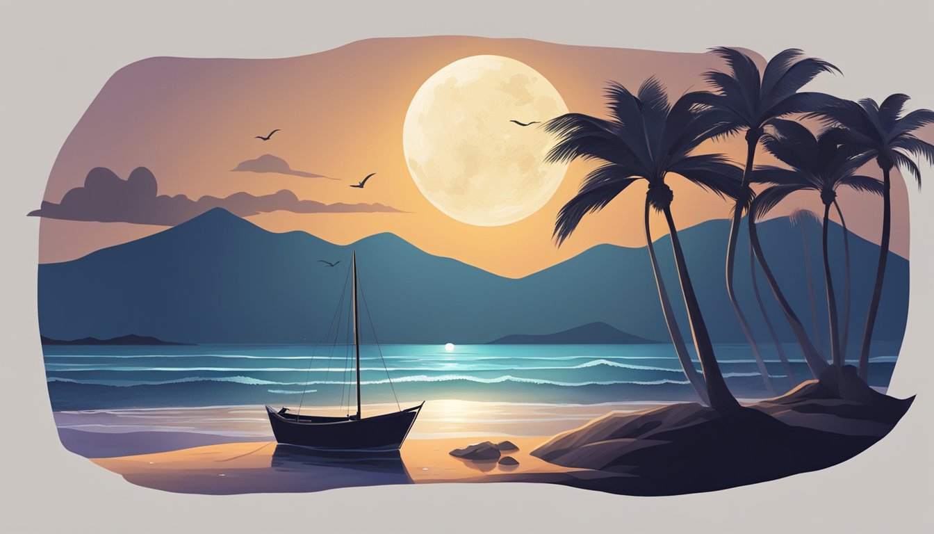 A moonlit beach with a calm ocean, a small boat with lanterns, and a silhouette of a distant coastline