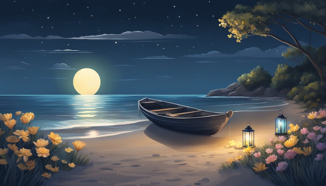 A serene moonlit beach with lanterns lining the shore, a gently rippling ocean, and a small boat adorned with flowers and candles