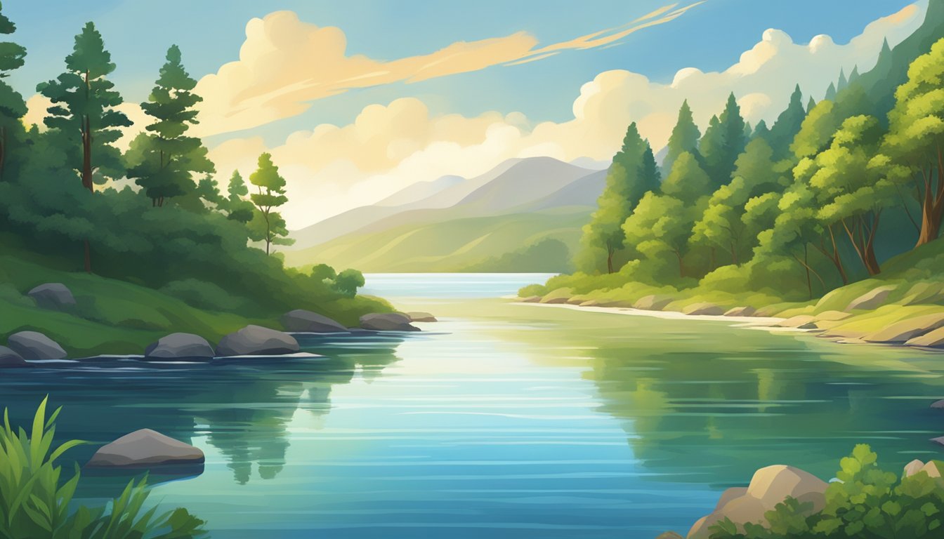 A serene river flowing through a lush landscape, a tranquil lake surrounded by trees, and a vast ocean with waves crashing against the shore