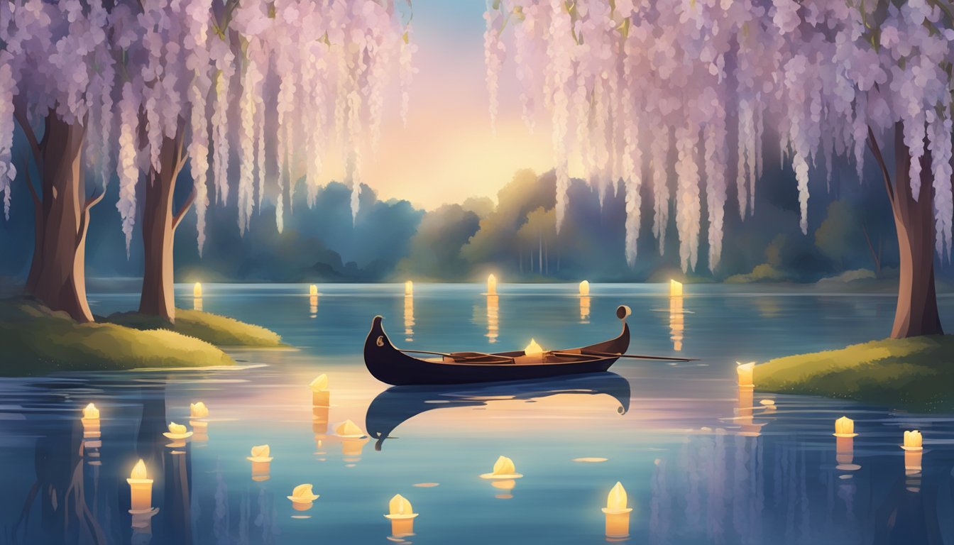 A serene lake surrounded by weeping willow trees, with floating flower petals and candles, accompanied by the soft melodies of traditional instruments