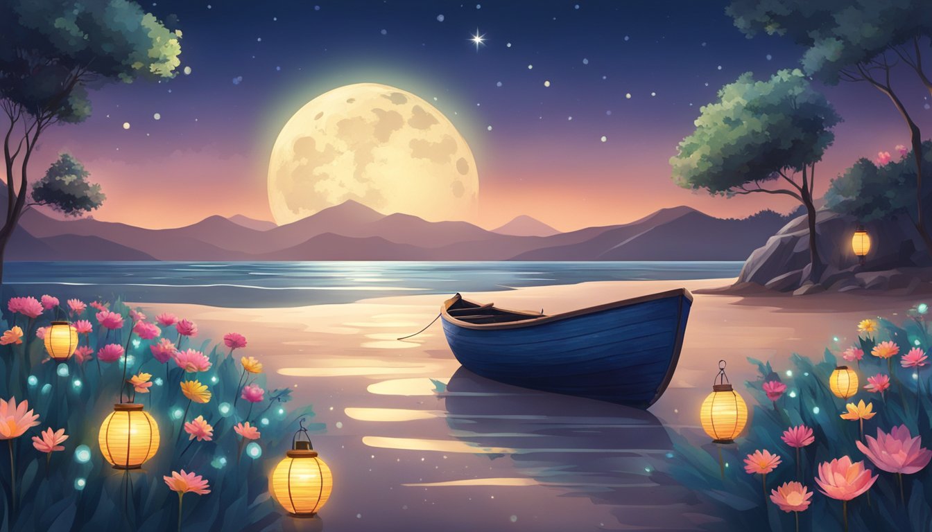 A moonlit beach with calm waves, a small boat with lanterns, and a scattering of flowers on the water's surface