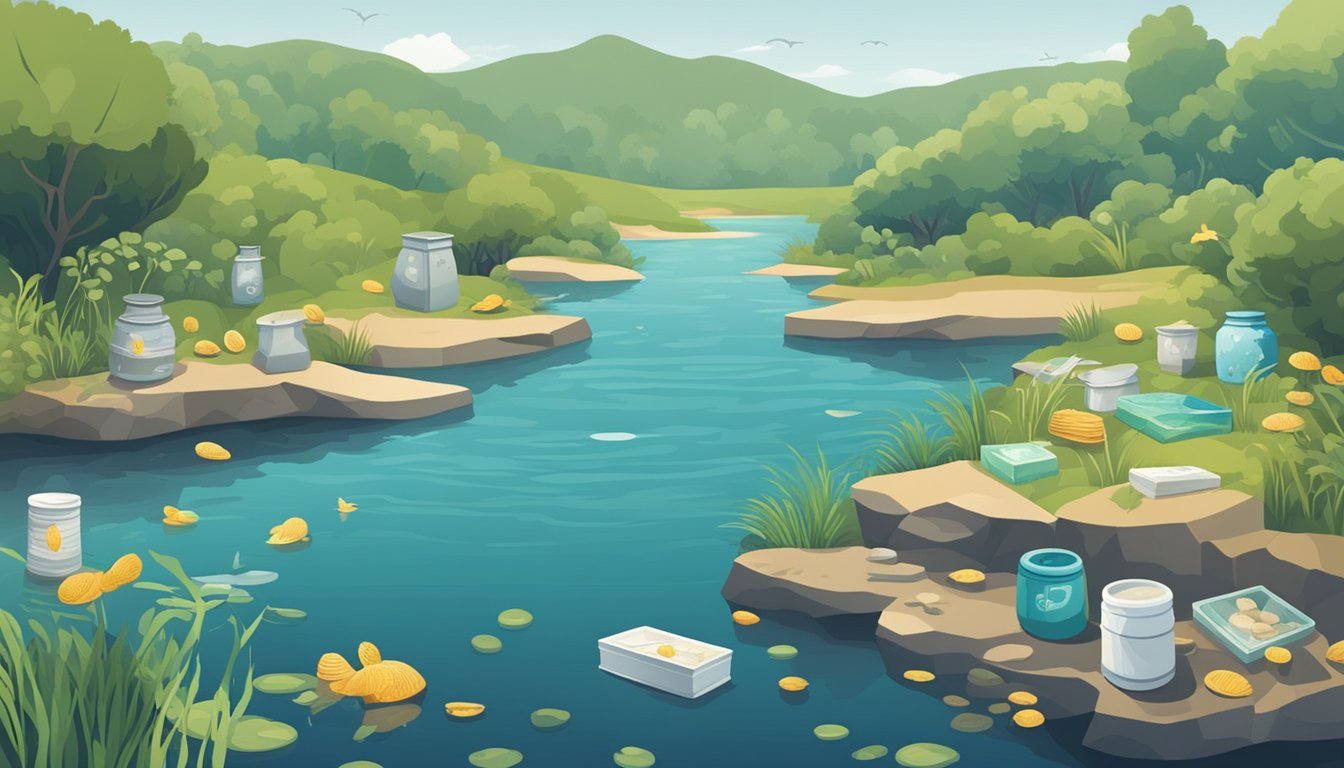 A river, lake, and ocean with burial-related objects (urns, biodegradable caskets, etc.) scattered along the shores. Various economic symbols (dollar signs, scales, etc.) integrated into the landscape