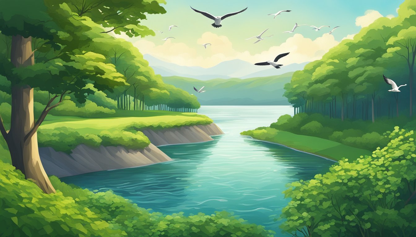 A serene river flowing between lush green banks, a tranquil lake surrounded by trees, and a vast ocean with crashing waves and seagulls overhead