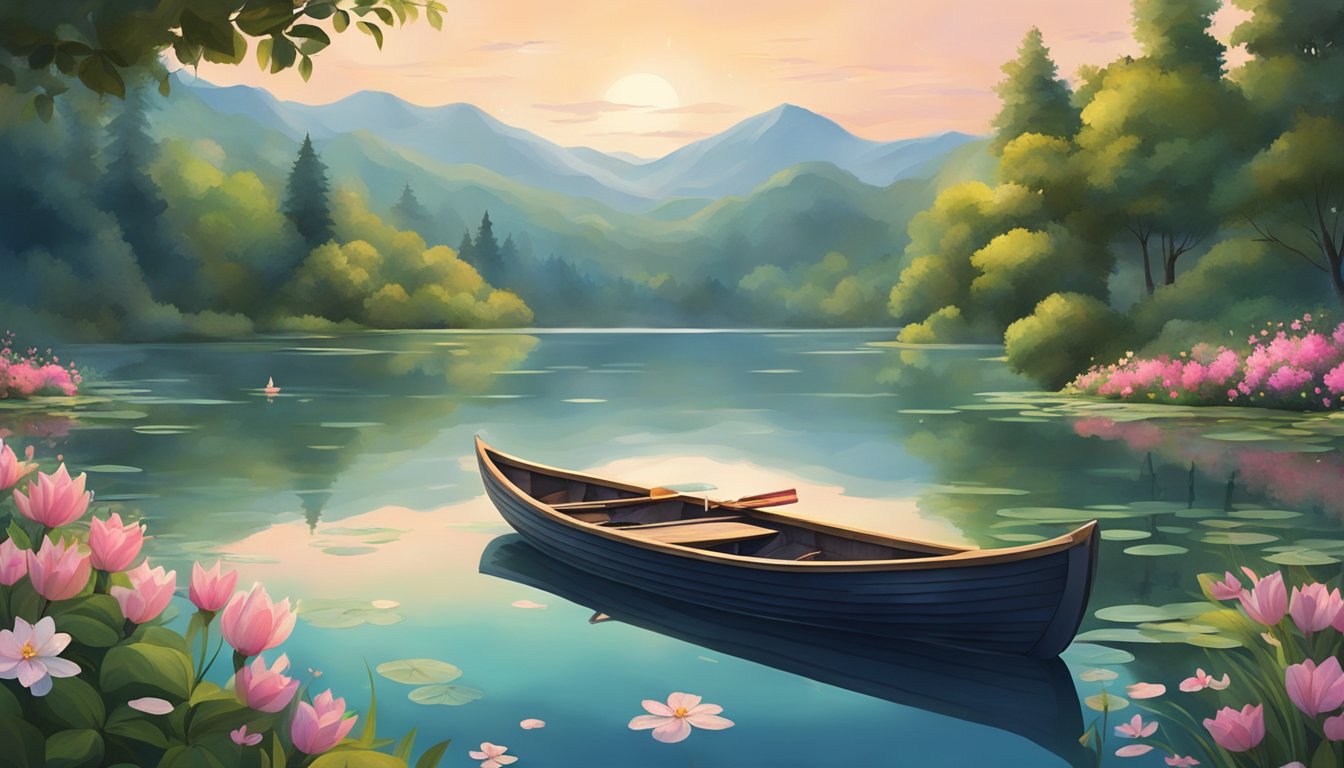 A tranquil lake surrounded by lush greenery, with a small boat adorned with flowers and candles floating on the calm waters, as the sound of soft music and poetry fills the air