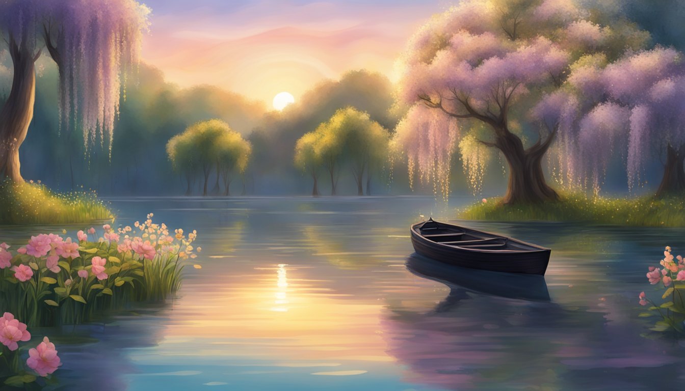 A serene lake surrounded by weeping willows, with a small boat adorned with flowers and candles drifting towards a setting sun