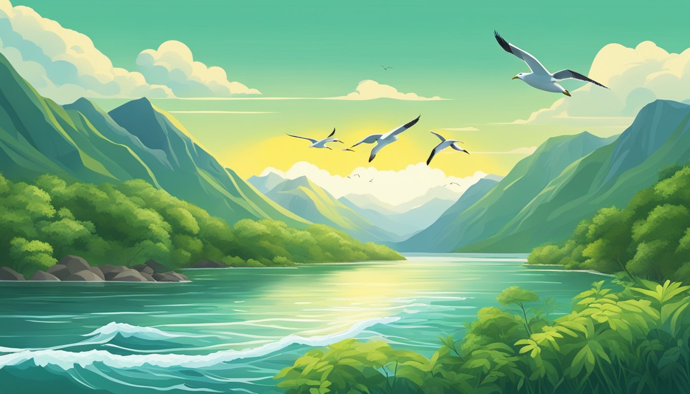 A serene river flowing through lush greenery, a tranquil lake surrounded by mountains, and a vast ocean with crashing waves and seagulls overhead