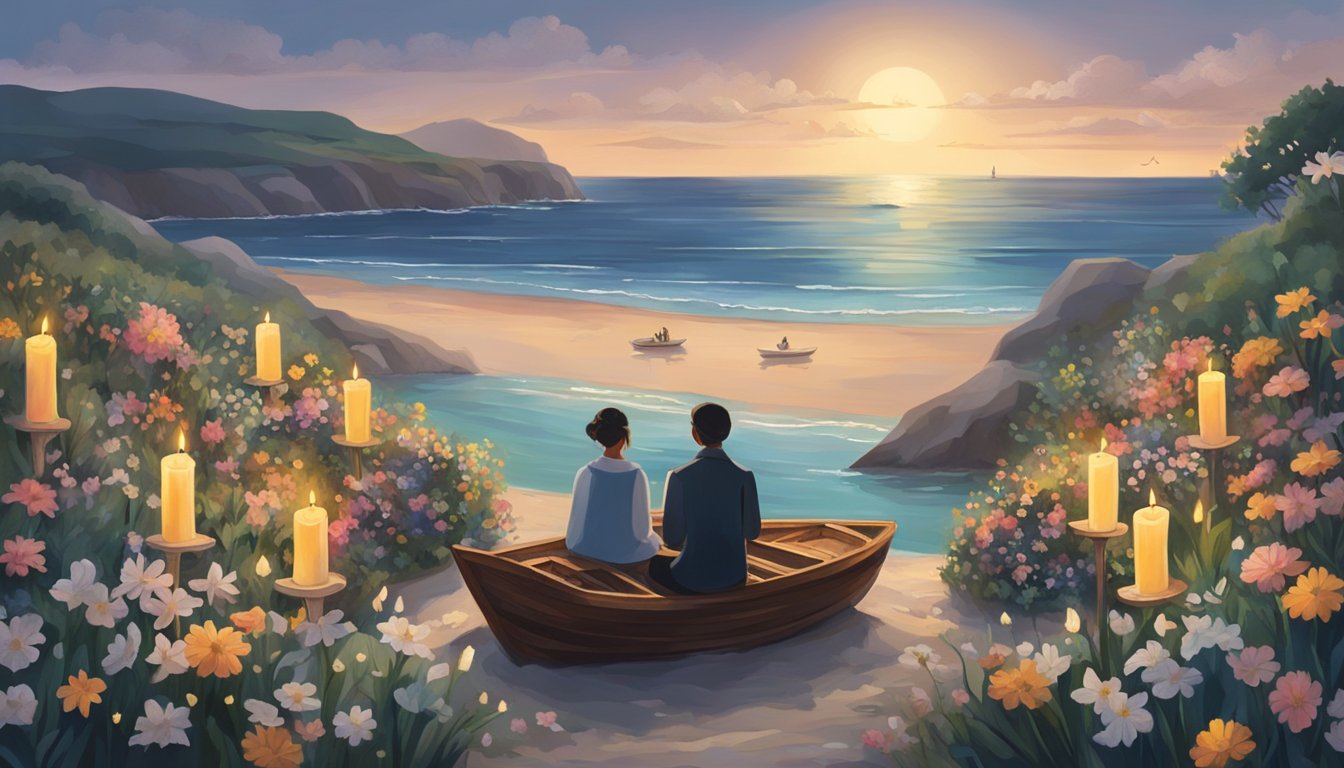 A serene ocean view with a small boat adorned with flowers and candles, surrounded by mourners on the shore. A musician plays a solemn melody while a poet recites a moving verse