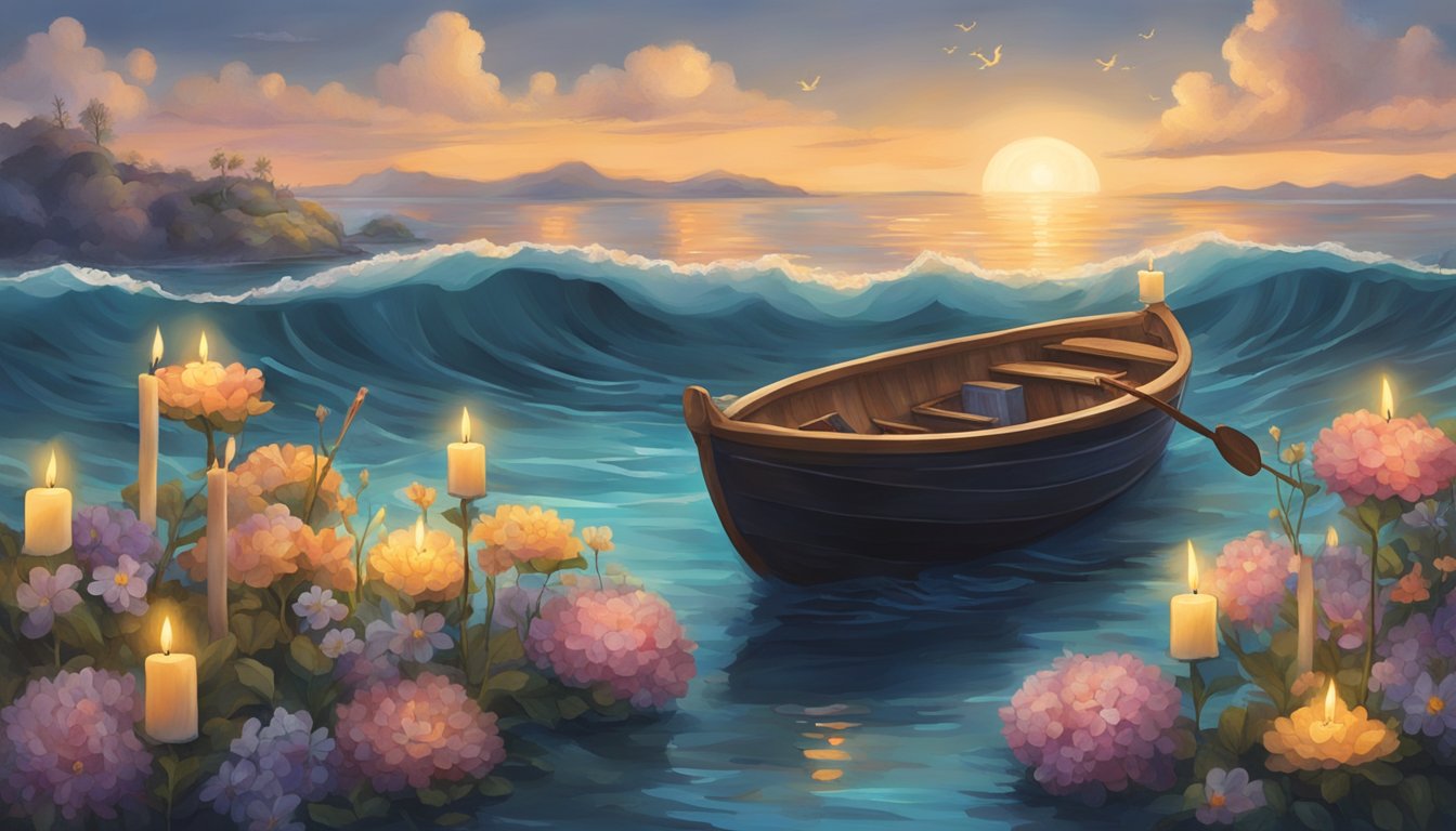 A serene ocean setting with a small boat adorned with flowers and candles, surrounded by mourners releasing music and poetry into the water