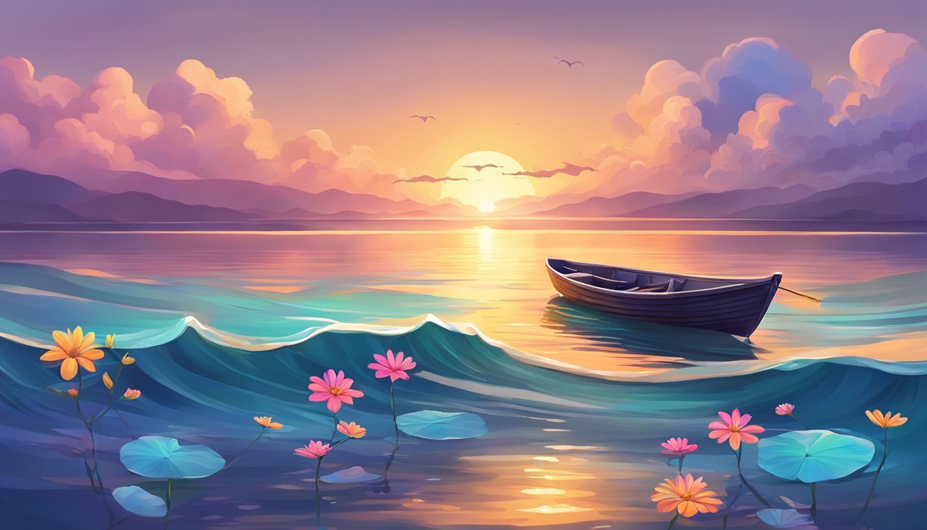 A serene ocean sunset with a small boat adorned with flowers, surrounded by calm waters and a sky filled with vibrant colors