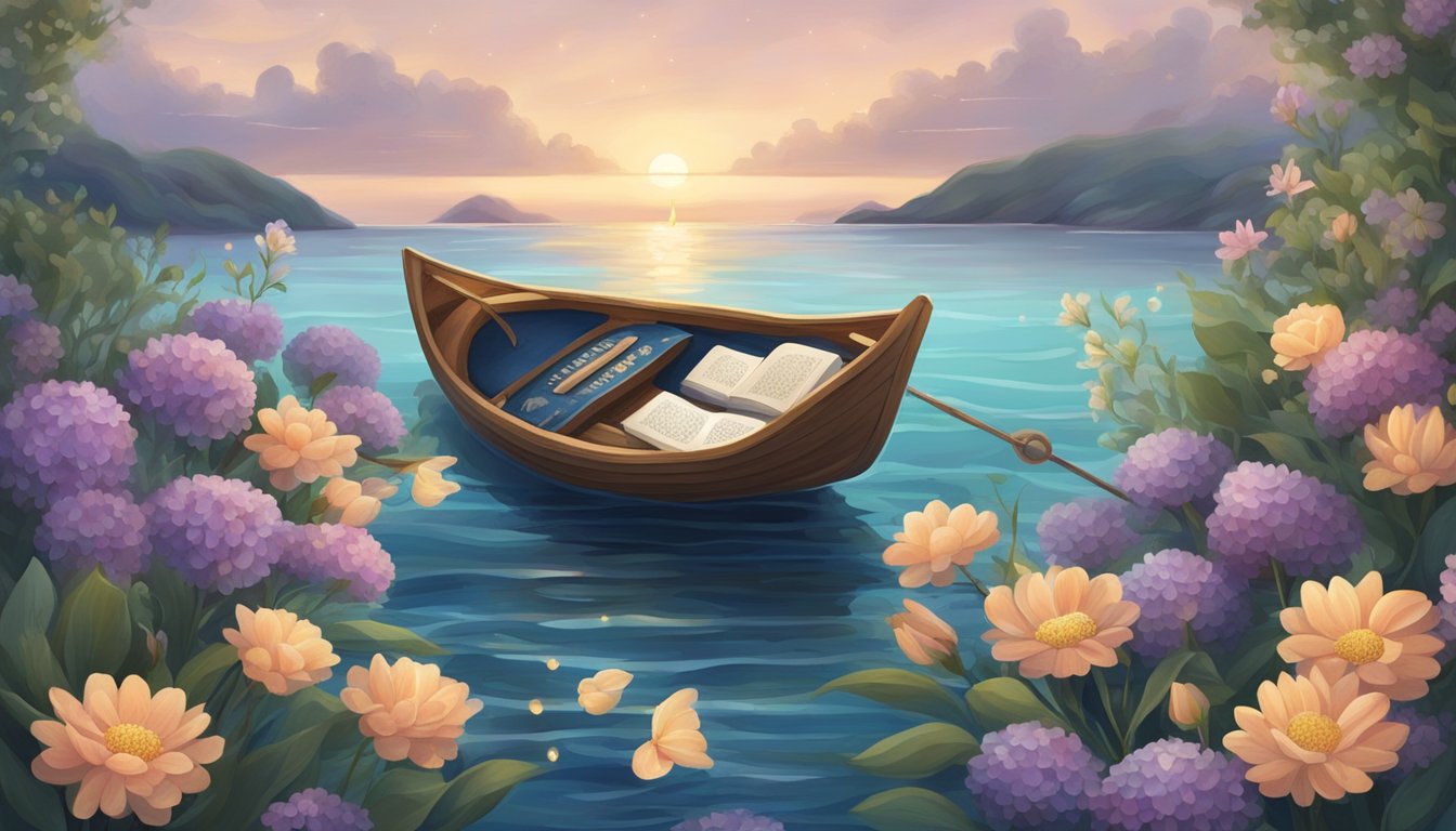 A serene ocean scene with a small boat surrounded by flowers and candles, with a harp and poetry book on board