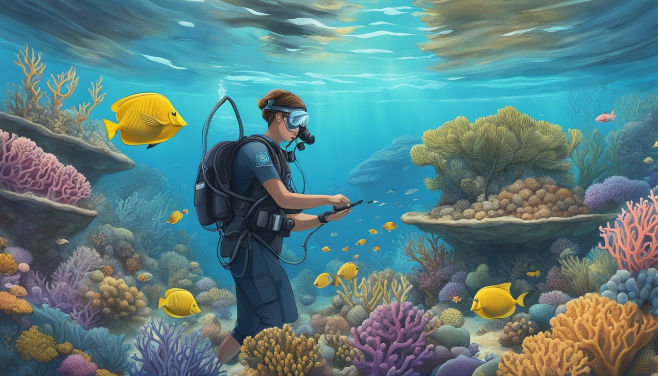 A marine biologist observes a coral reef, surrounded by various marine life, while studying sustainable water burial practices