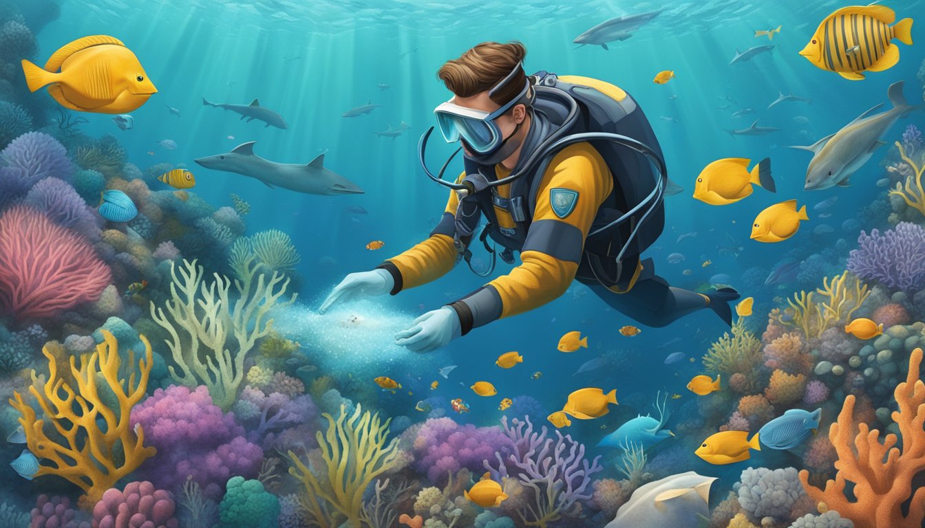 A marine biologist carefully releasing a biodegradable urn into the ocean depths, surrounded by diverse marine life and vibrant coral reefs