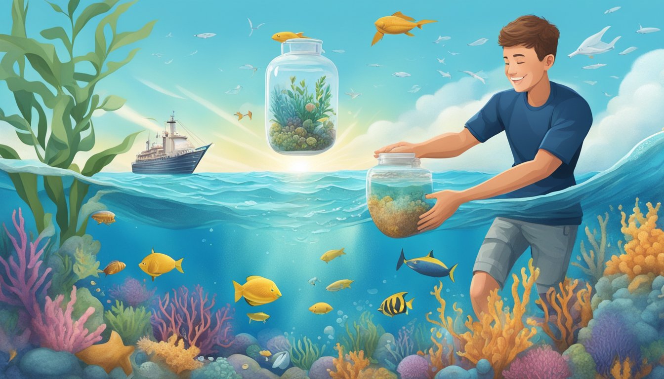 A marine biologist releasing a biodegradable urn into the ocean, surrounded by diverse marine life and clear blue water