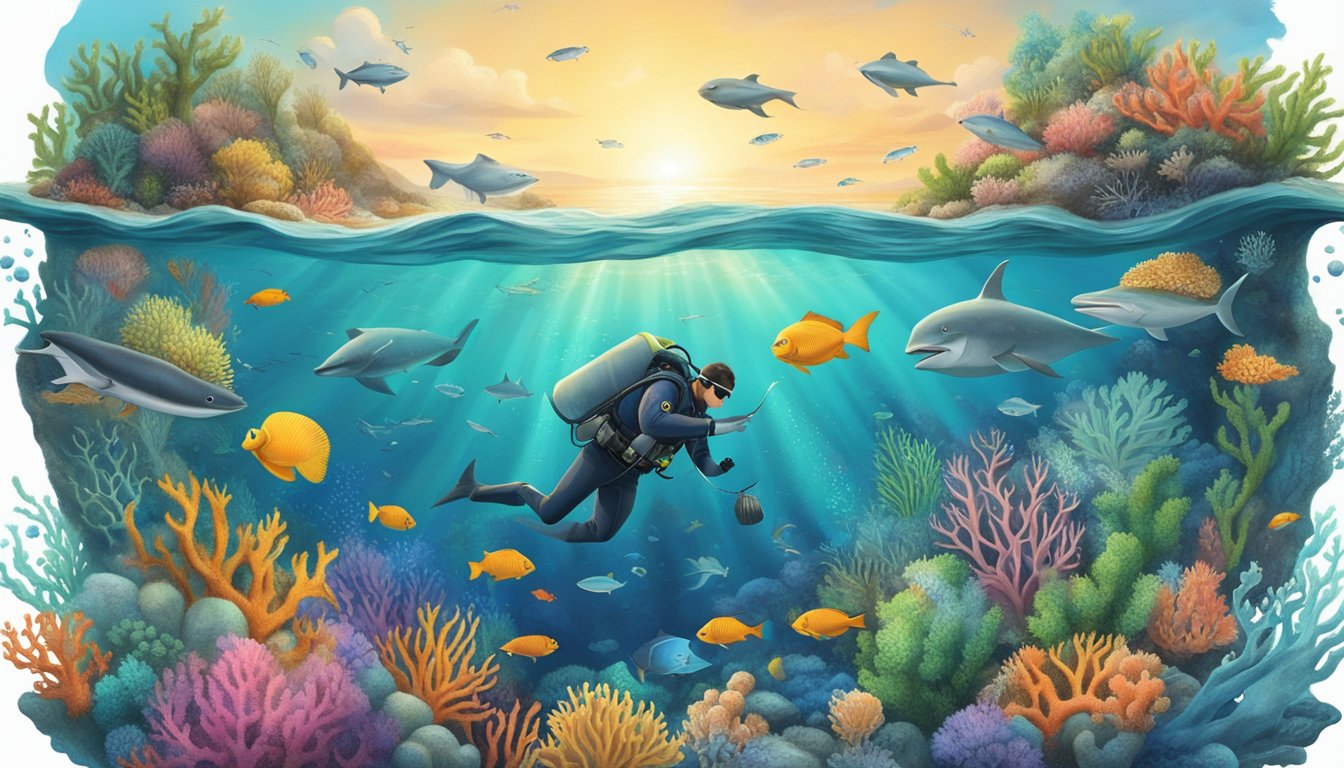 A marine biologist releasing biodegradable urn into ocean depths, surrounded by diverse marine life and vibrant coral reef