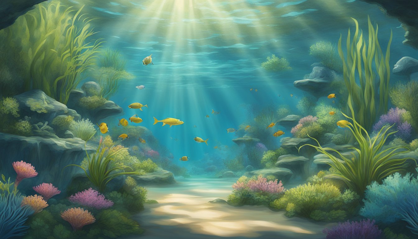 A serene underwater scene with custom urns nestled among aquatic plants and marine life, illuminated by dappled sunlight filtering through the water's surface