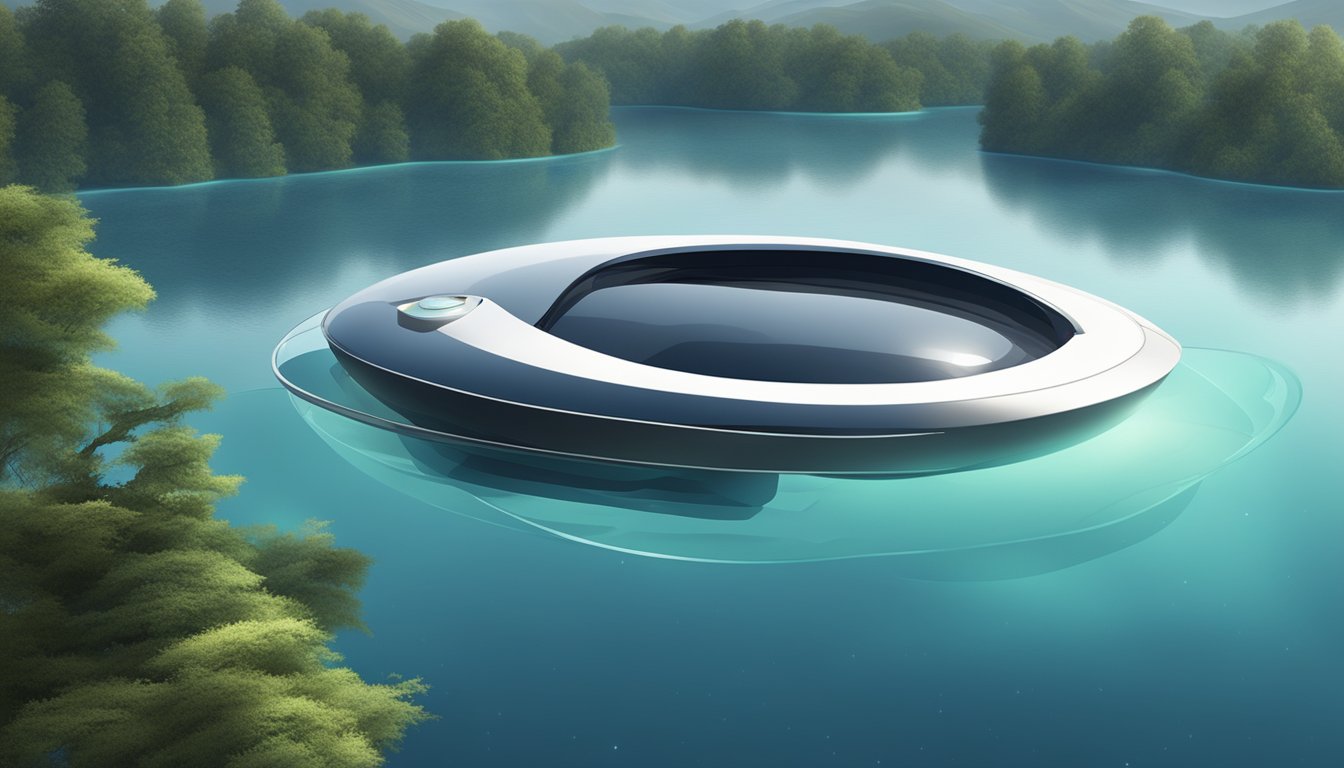 A sleek, futuristic water burial vessel equipped with advanced technology, surrounded by calm, tranquil waters and a serene natural landscape