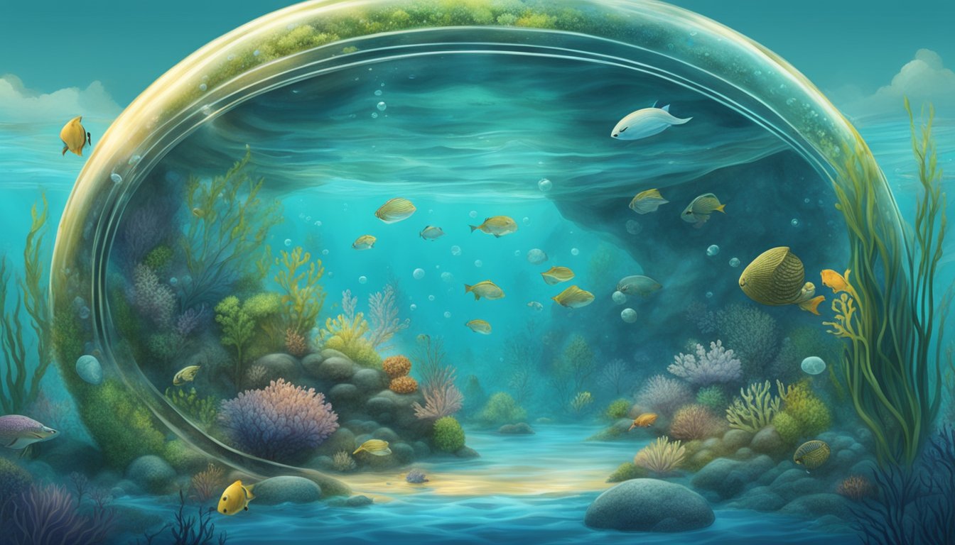 A serene underwater scene with a biodegradable burial pod releasing bubbles and surrounded by aquatic life