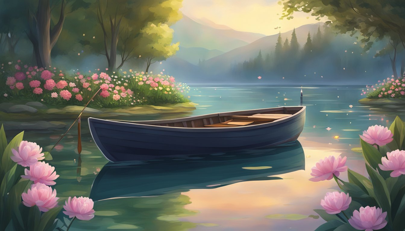 A serene lake surrounded by lush greenery, with a small boat adorned with flowers and candles gently floating on the water