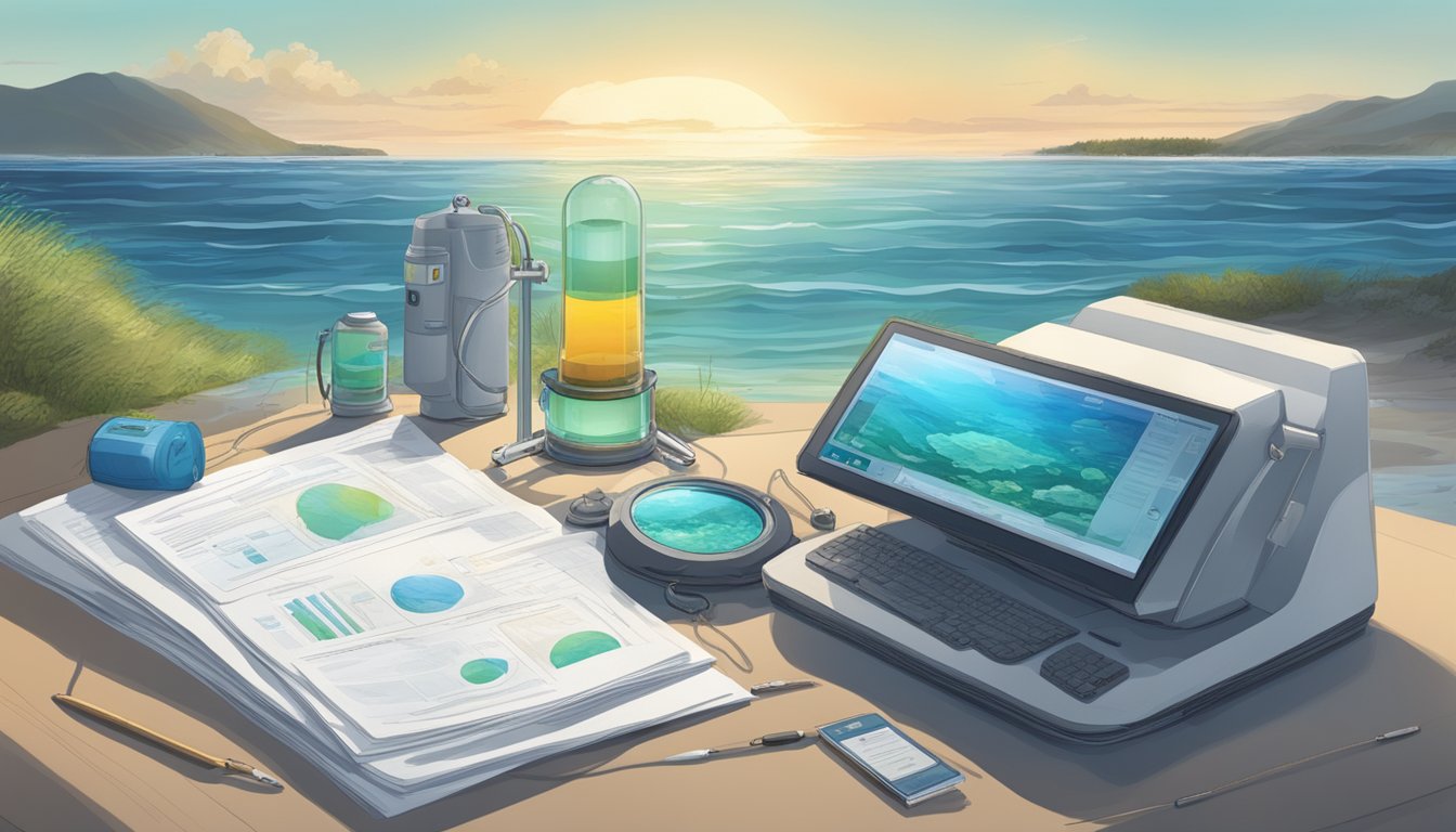 A serene ocean view with a modern water burial vessel surrounded by regulatory documents and technology equipment