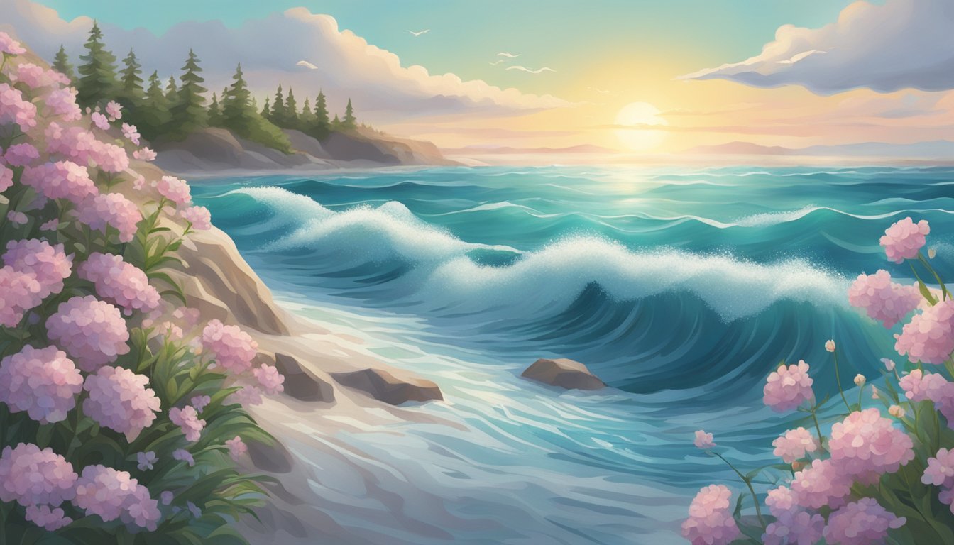 A serene ocean scene with a biodegradable urn releasing ashes into the water, surrounded by flowers and gentle waves