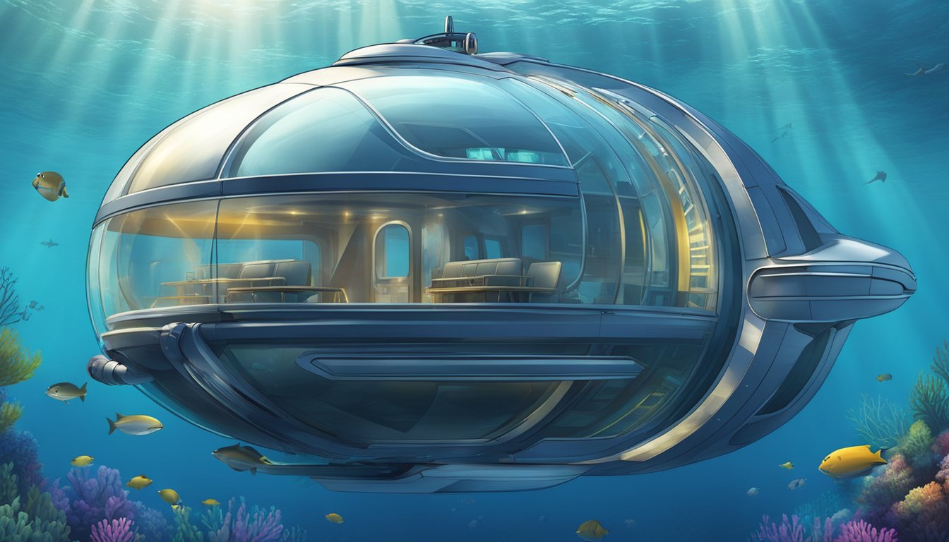 A sleek, futuristic water burial vessel equipped with advanced technology submerges into the tranquil depths of the ocean, surrounded by marine life