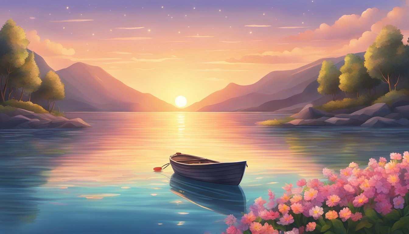 A serene ocean scene with a small boat floating on the water, surrounded by flowers and candles. A gentle breeze ripples the surface as the sun sets in the background