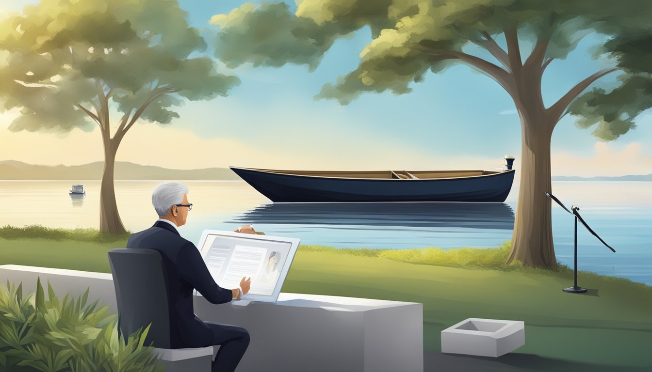 A funeral director at a serene waterfront location, using a tablet to coordinate a modern water burial service, with a boat and biodegradable urn in the background