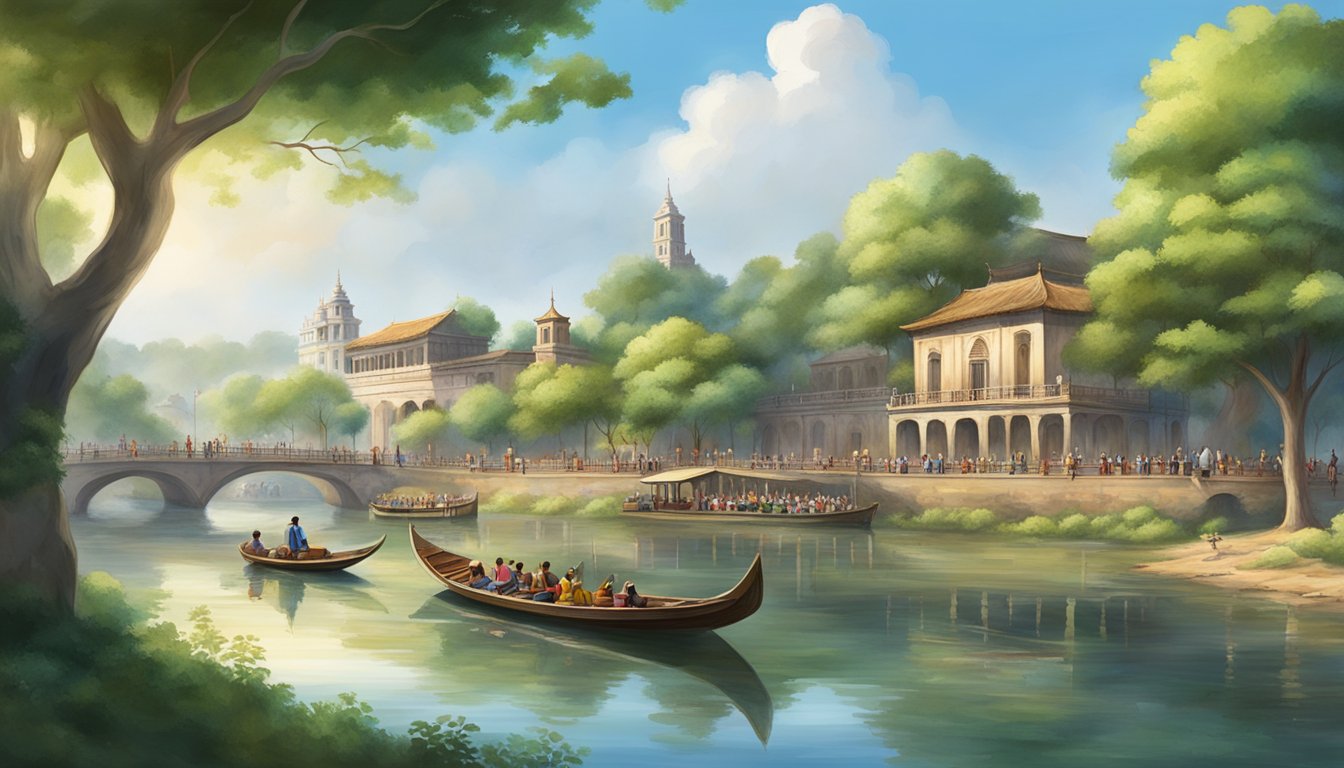 A serene riverbank with a traditional boat and a crowd of onlookers, surrounded by lush greenery and historical architecture