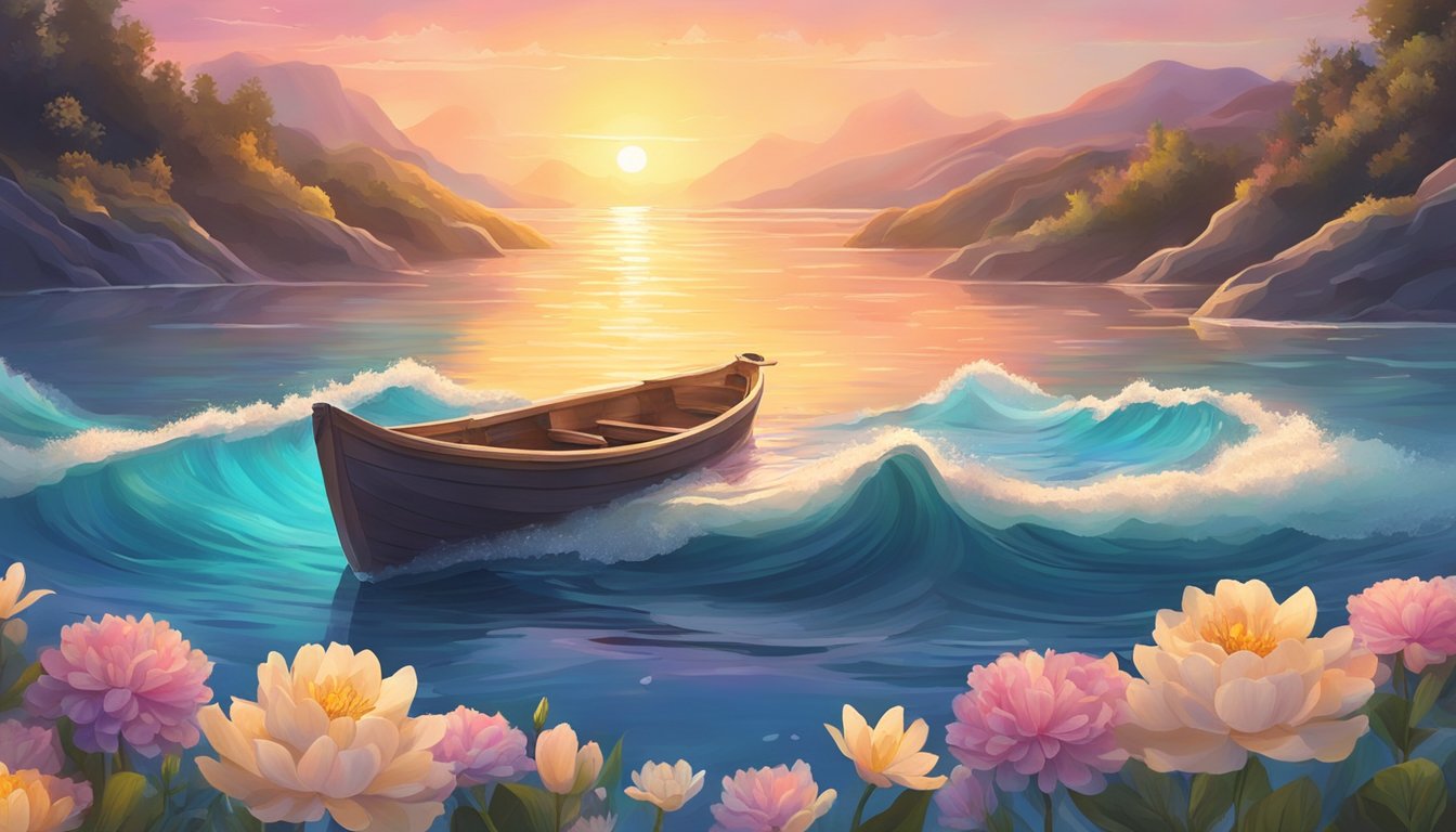 A serene ocean scene with a small boat releasing flowers and candles onto the water's surface, surrounded by gentle waves and a colorful sunset