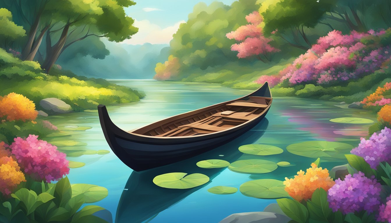 A serene river flowing through a lush, green landscape, with a traditional boat floating on the water and surrounded by colorful flowers