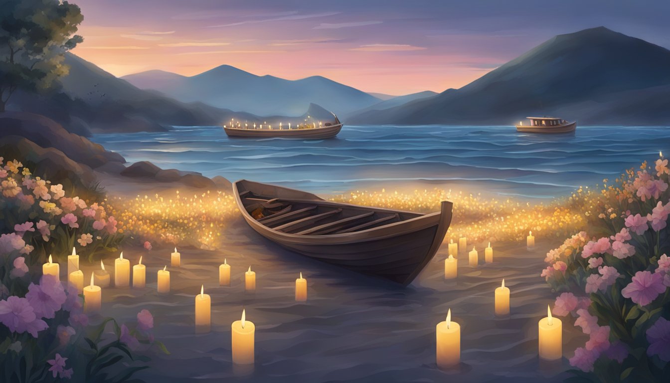 A serene ocean with a small boat adorned with flowers and candles, surrounded by mourners on the shore, paying tribute to a water burial