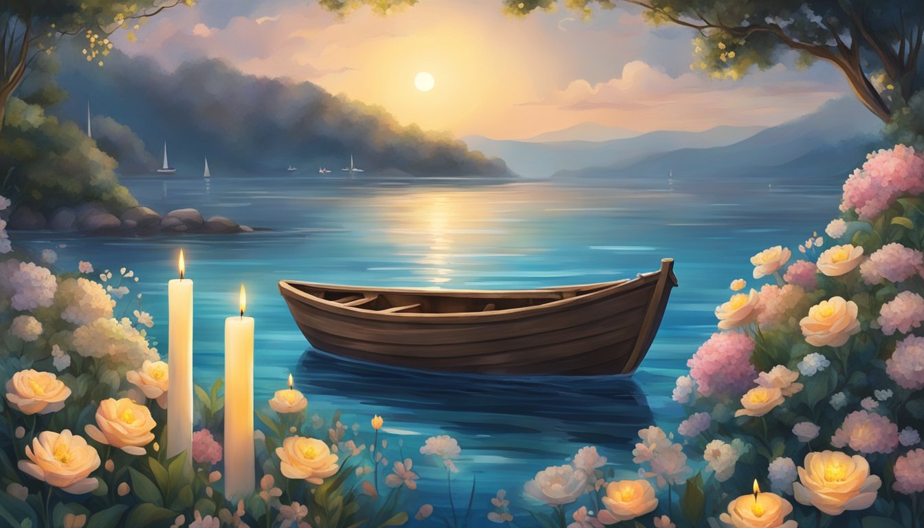 A serene ocean scene with a small boat surrounded by flowers and candles, symbolizing the influence of literature and film on the popularity of water burials