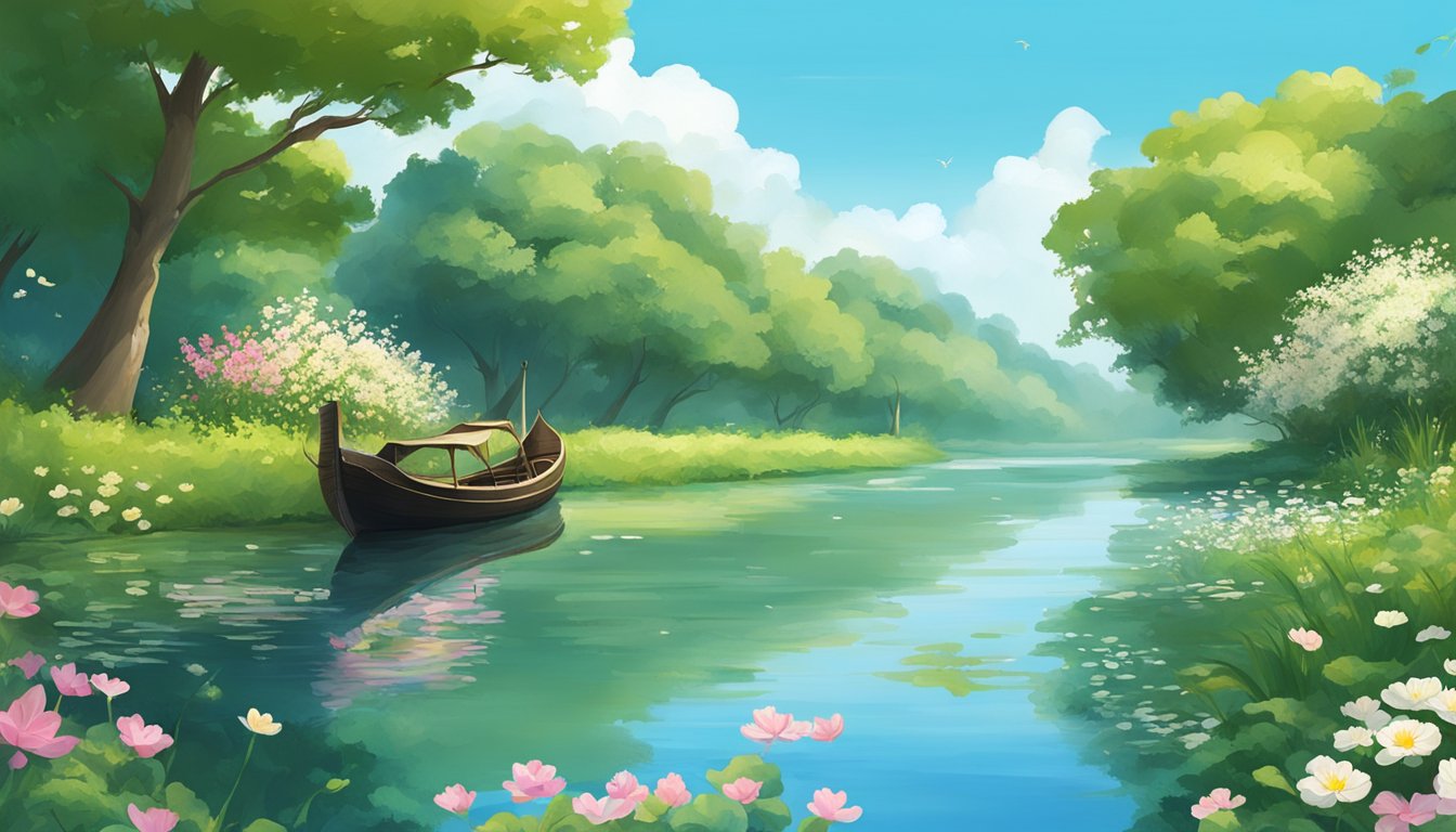 A serene riverbank with floating flowers and a traditional boat surrounded by lush greenery, under a clear blue sky