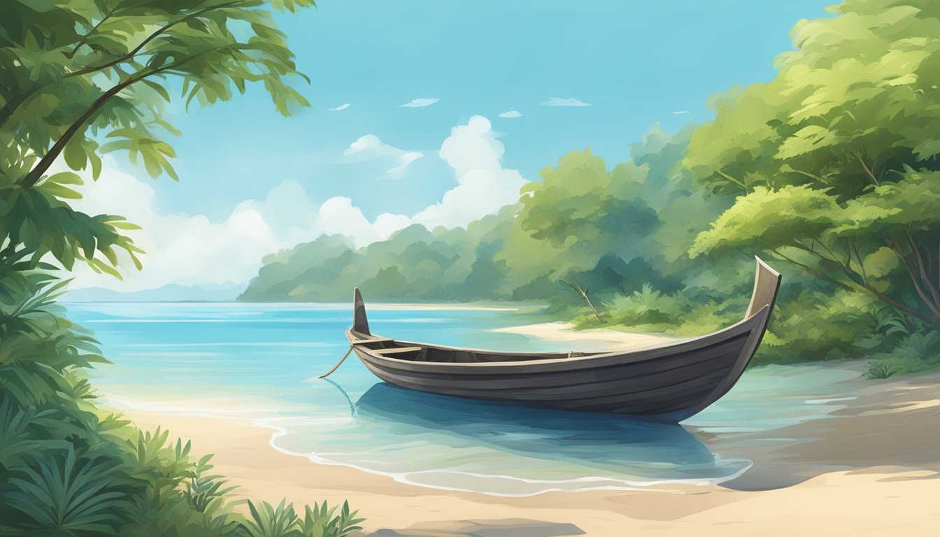 A serene beach with calm waters, surrounded by lush greenery and a clear blue sky, with a traditional boat anchored nearby for water burial preparations