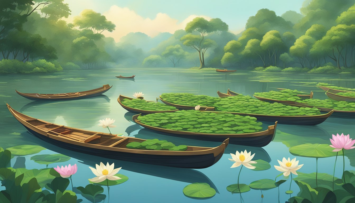 A serene riverbank with floating lotus flowers, surrounded by lush greenery and traditional burial boats, inspired by literature and film