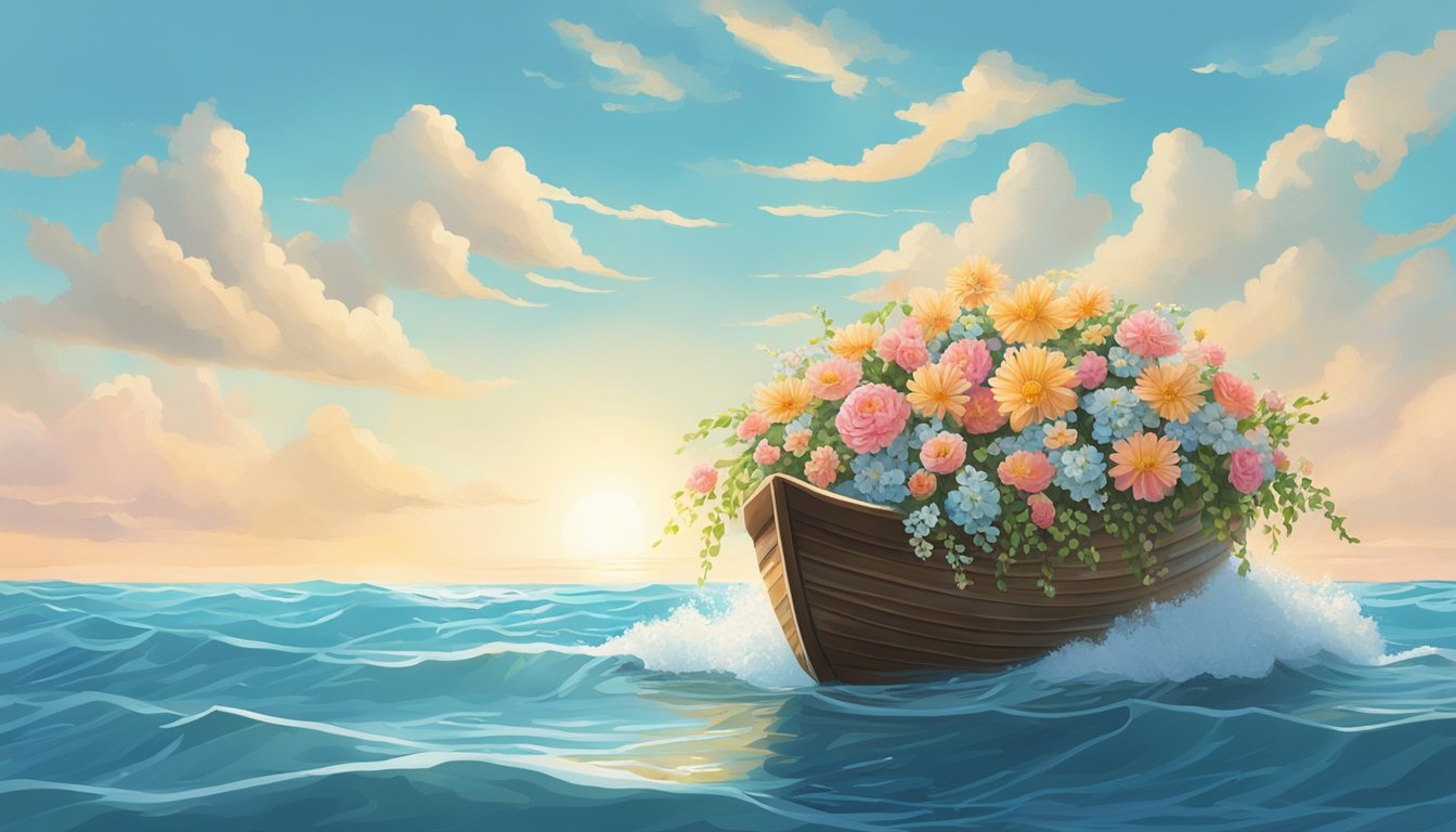 A serene ocean scene with a boat gently releasing a flower-covered casket into the water, surrounded by calm waves and a clear blue sky